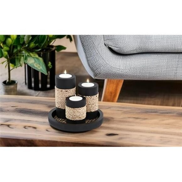 Tealight Candle Holders Set of 3 with Wooden Tray Home Decor Centerpiece - Picture 3 of 7